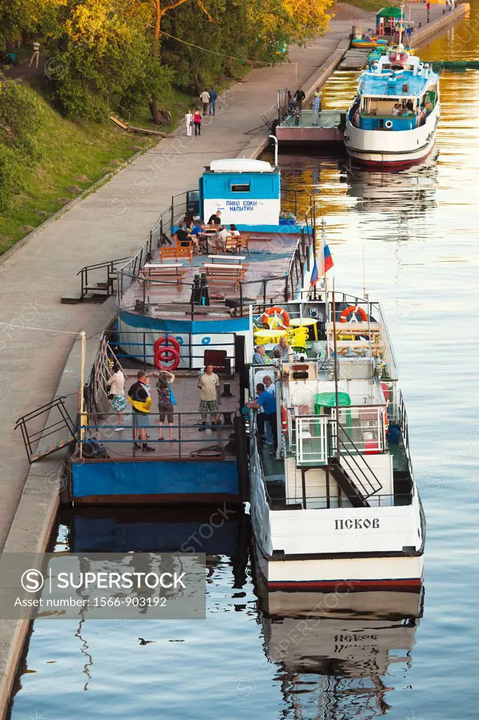 Russia, Pskovskaya Oblast, Pskov, tourboats on the Velikaya River