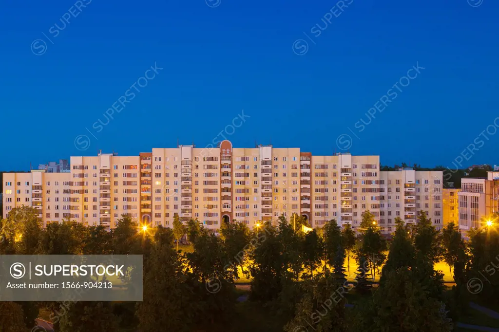 Russia, Pskovskaya Oblast, Pskov, residential block of buildings, dawn