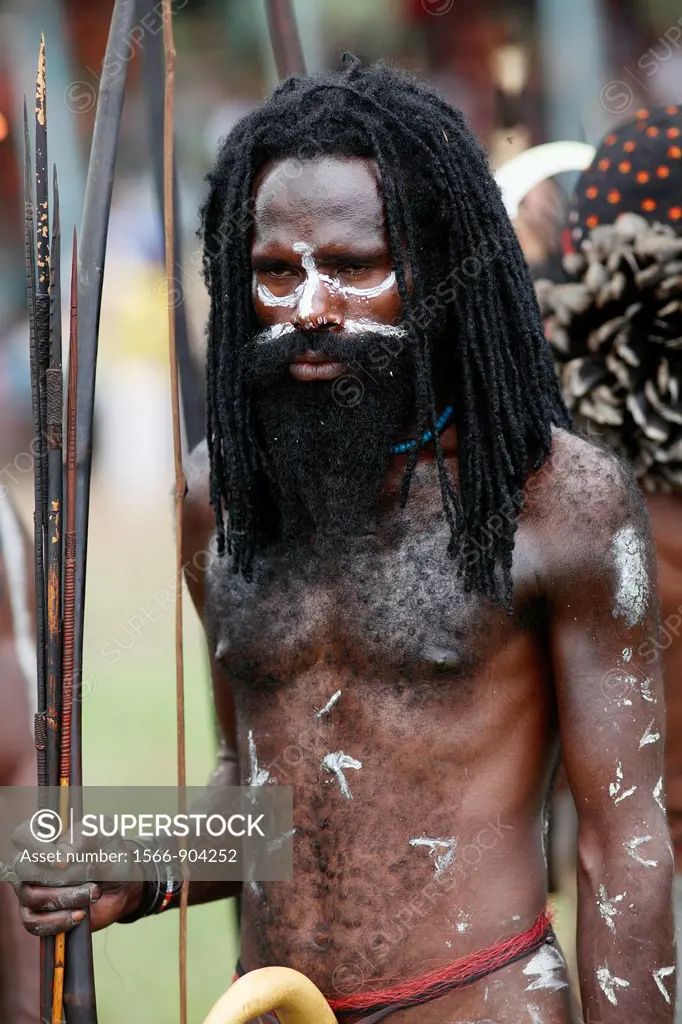 Half body image of local, nacked Papuan man, lwith traditional body painting and long hair, holding his bow and arrows, Baliem Valley festival, Jayawi...
