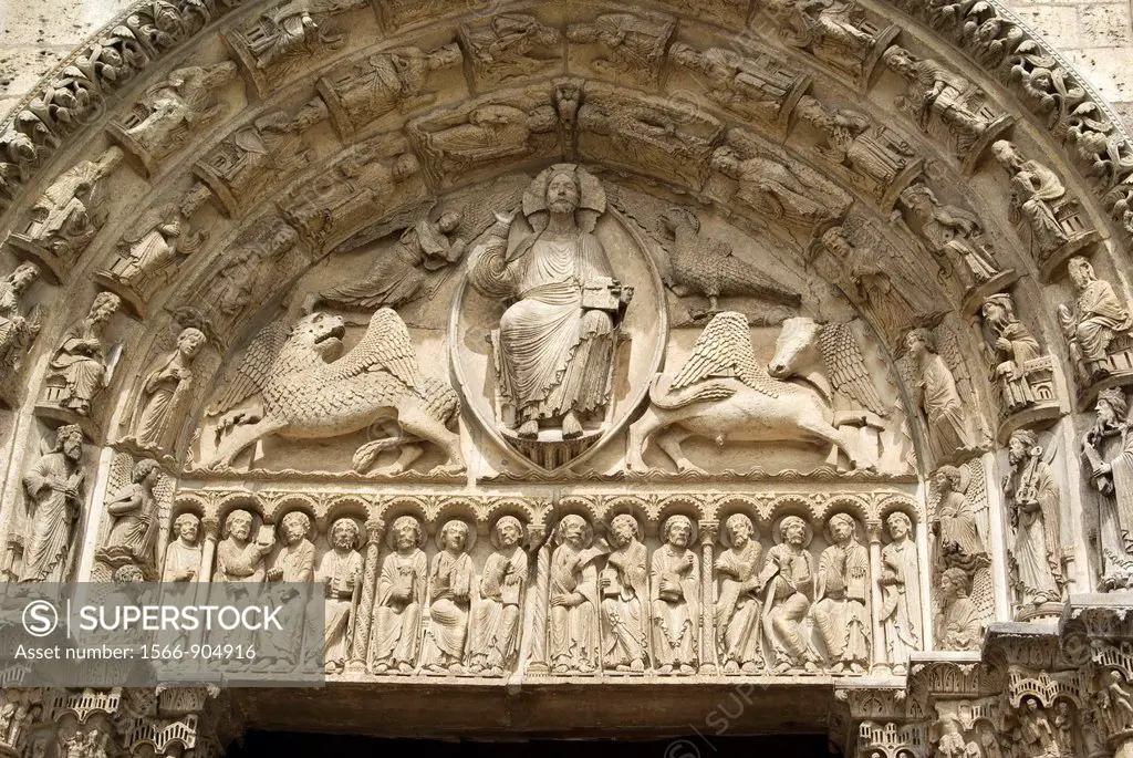 Tympanum at the main facade of the Cathedral of Chartres, in the town of Chartres, France
