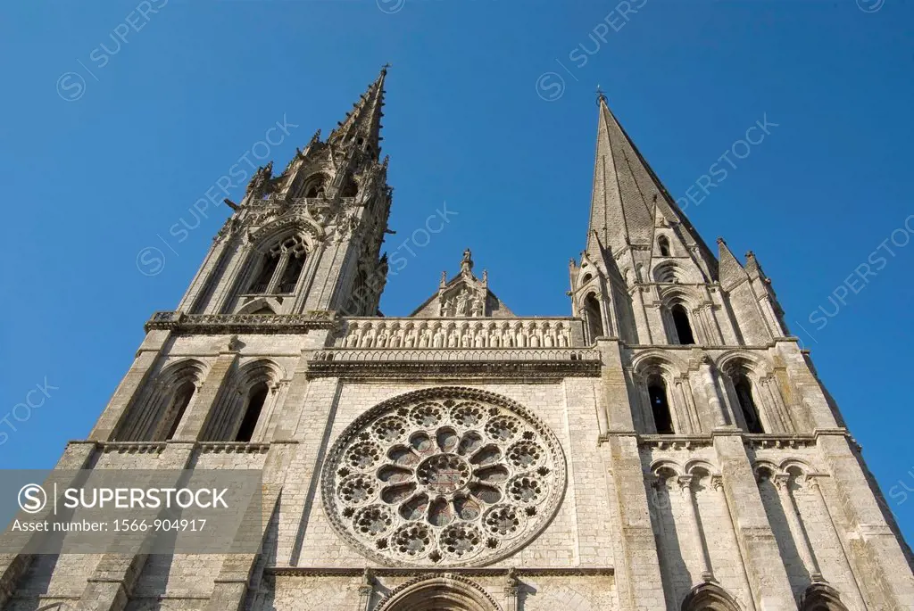 Partial view of the main facade of the Cathedral of Chartres, France