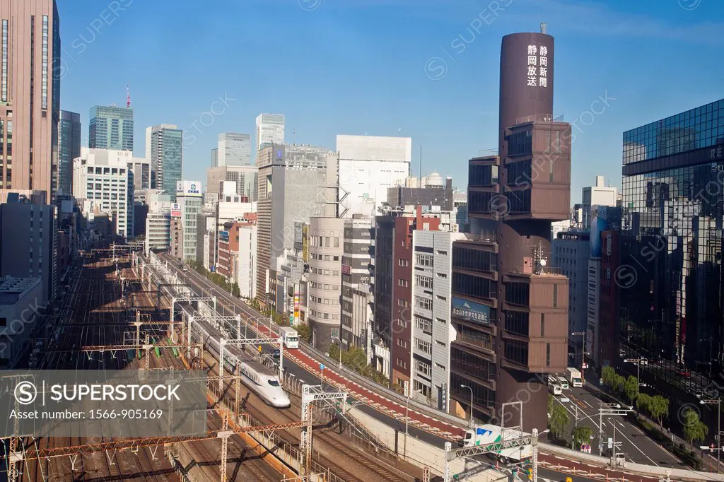 Bullet train through Central Tokyo, Tokyo, Japan