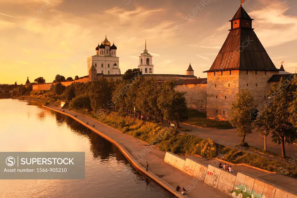Russia, Pskovskaya Oblast, Pskov, elevated view of Pskov Kremlin from the Velikaya River, sunset