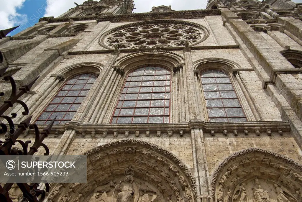 Partial view of the main facade of the Cathedral of Chartres, Chartres, Eure-et-Loir, Centre, France