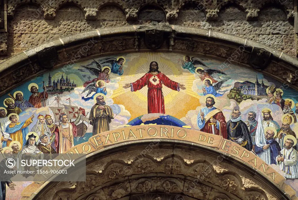 painting above the Sacrat Cor church door, top of the Tibidado mountain, Barcelona, Catalonia, Spain, Europe