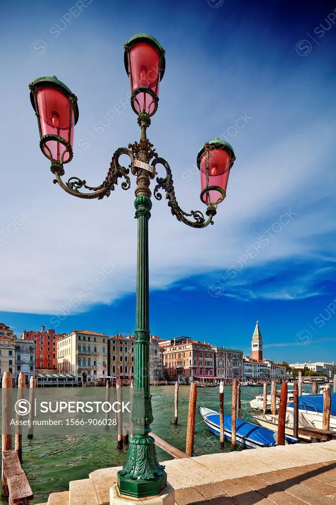 Street light overlooking the Grand Canal, opposite San Marco sestiere, Dorsoduro, Venice, Italy