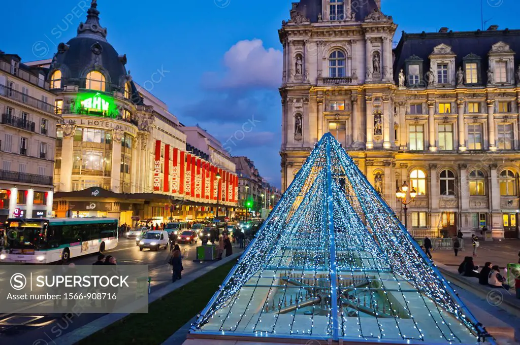 Paris, France, Town Square, Scenic, Decor in Front of City Hall Building, at Dusk, with LED Lighting Christmas Decorations