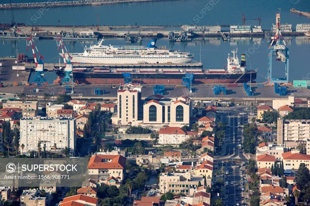 Israel, North Coast, Haifa, elevated view of city and Haifa Port from Carmel Center, late afternoon