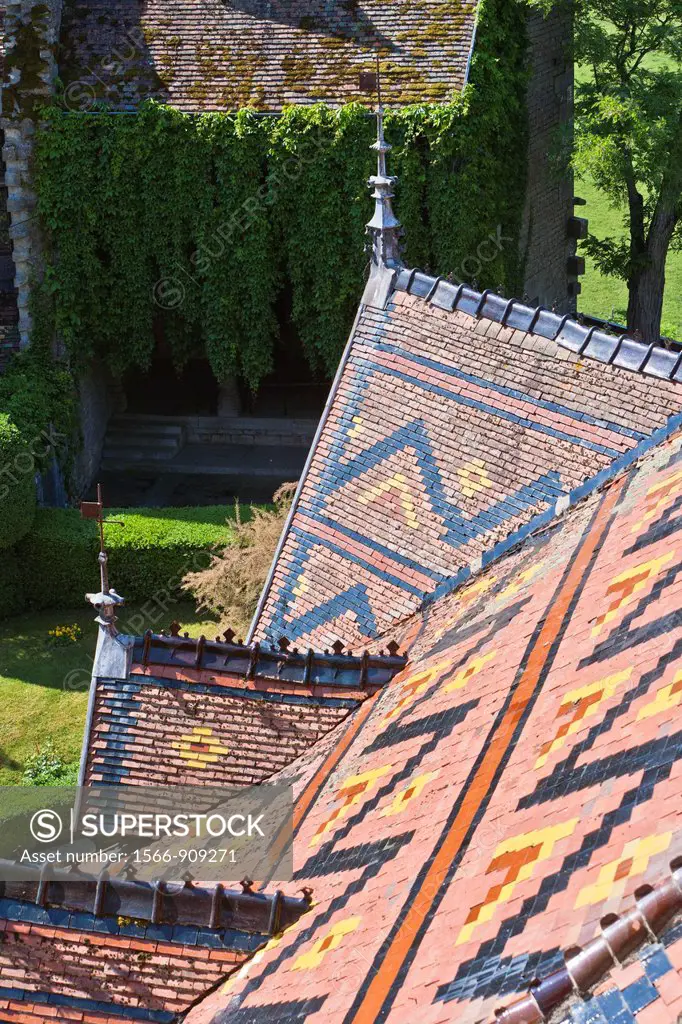 Close up of the colorful tiled roof of the castle in La Rochepot, Burgundy, France, Europe