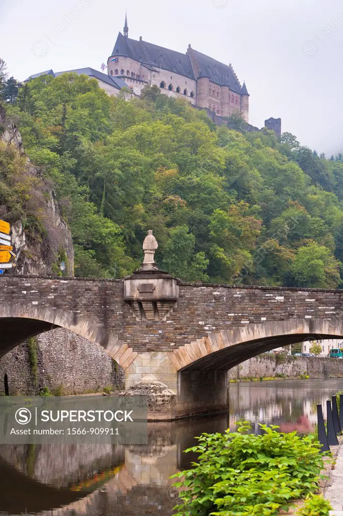 The picturesque castle of Vianden with the Our River and the town of Vianden, Luxembourg, Europe