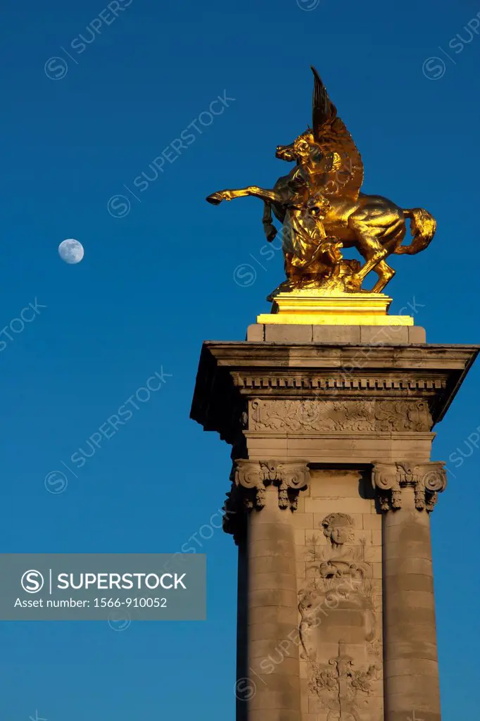 Pont Alexandre III, the night sky and moon, Paris, France