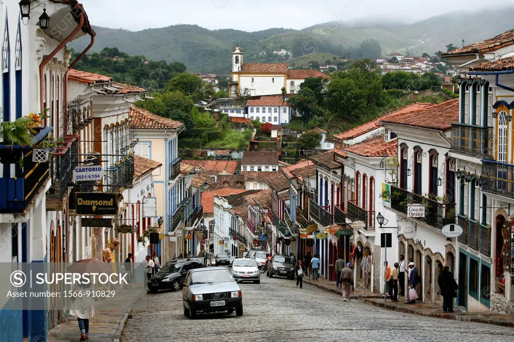 Street scene with colonial buildings in Ouro Preto, Brazil