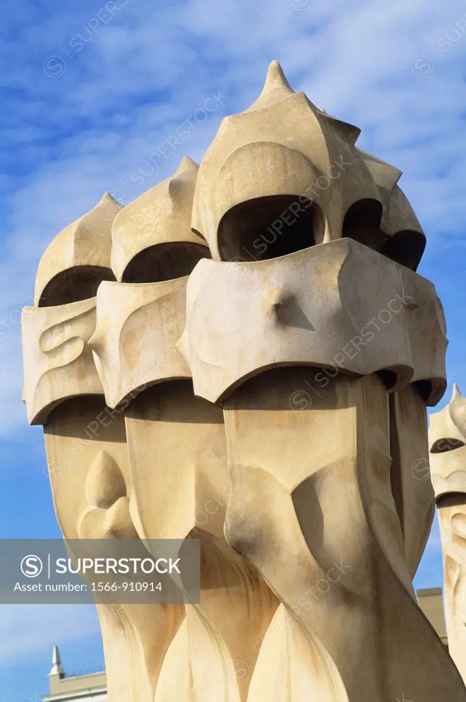 on the roof of the Casa Mila known as La Pedrera, a building designed by the Catalan architect Antoni Gaudi, Barcelona, Catalonia, Spain, Europe