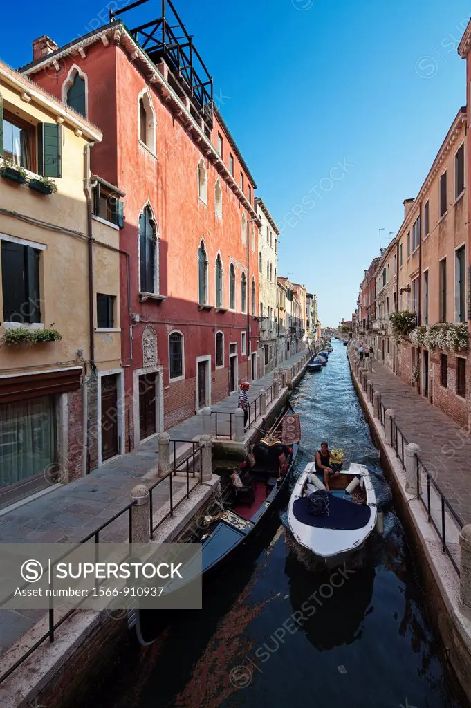 Gondola and motorboat, Dorsoduro, Venice, Italy
