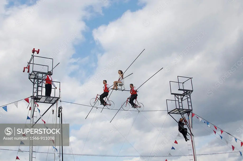 The Flying Wallendas perform on the tightrope at the Franklin County Fair, Greenfield, Massachusetts, United States