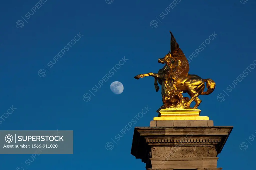 Pont Alexandre III, the night sky and moon, Paris, France