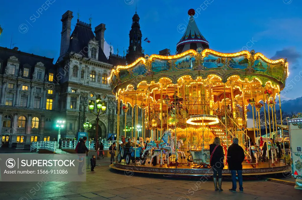 Paris, France, Town Square Scenic in Front of City Hall Building, at Dusk, with Skating Ring and Merry-go-Round, Roundabout