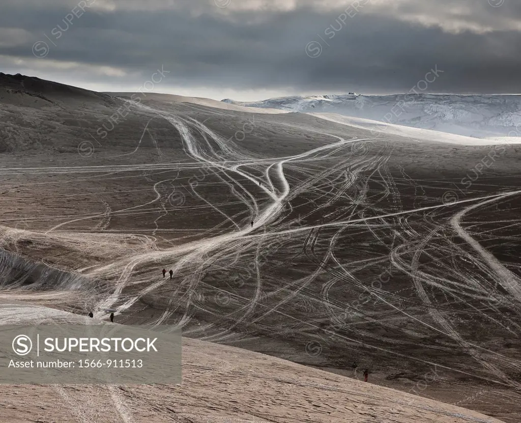 Tracks in ash from Eyjafjallajokull volcano eruption, Iceland Spring 2010