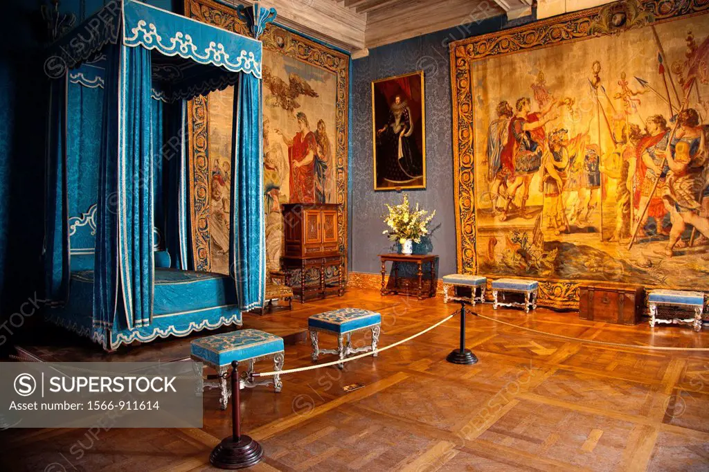 The bedroom of Queen Maria Theresa of Spain, the first wife of Louis XIV, in Chateau de Chambord in the Loire Valley of France