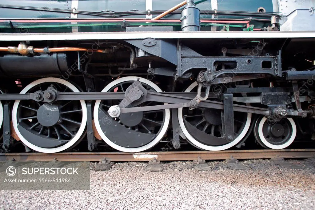 Close-up of the steel wheels of a historic steam engine, Rovos Rail, Pretoria, South Africa