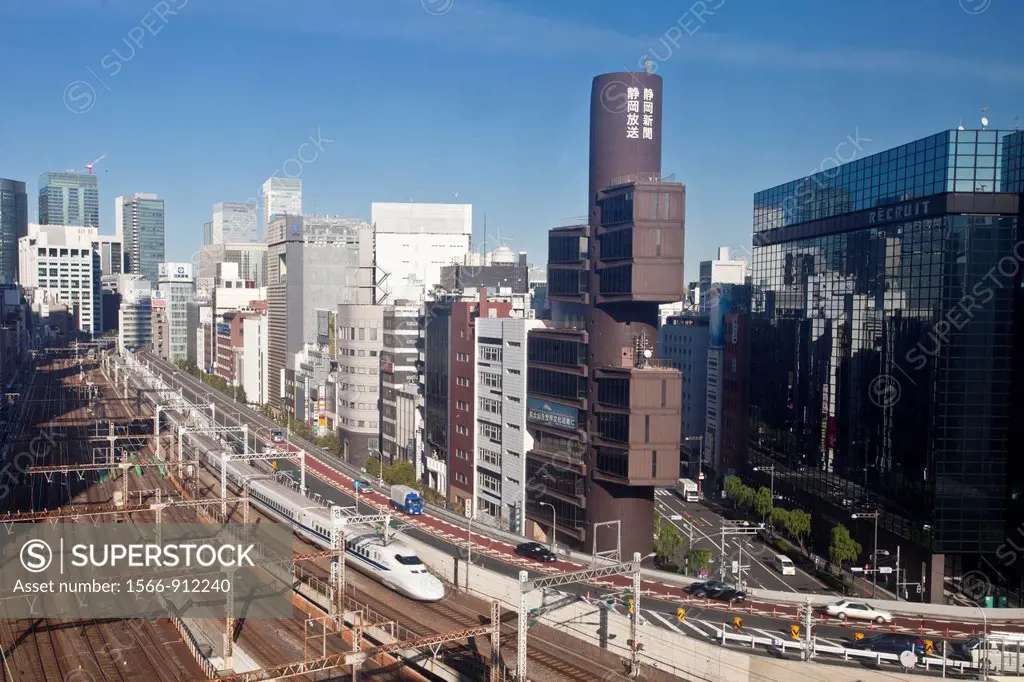 Bullet train through Central Tokyo, Tokyo, Japan