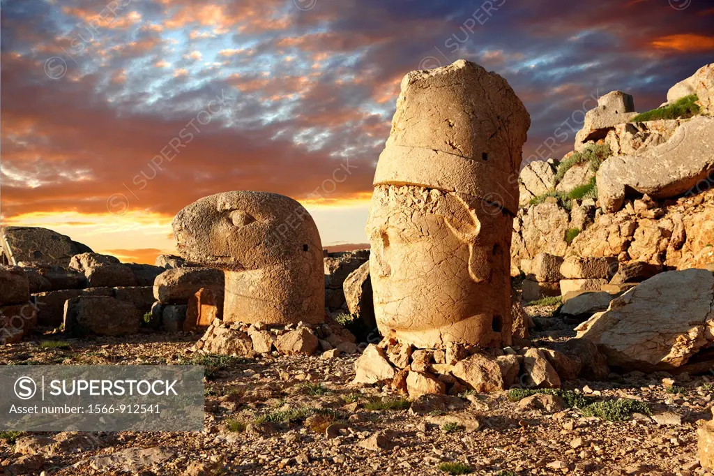 Pictures of the statues of around the tomb of Commagene King Antochus 1 on the top of Mount Nemrut, Turkey . In 62 BC, King Antiochus I Theos of Comma...