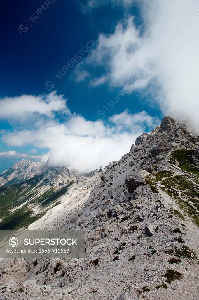 Panoramic view during the ascent of Sfornioi nord peak in the Belluno Dolomites, Unesco world natural heritage site, Italy, Europe