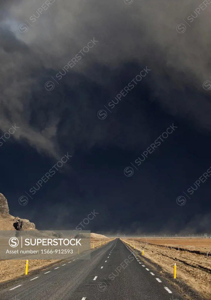 Highway One or Ring Road with Volcanic Ash Cloud from Eyjafjallajokull Volcano Eruption, Iceland  2010