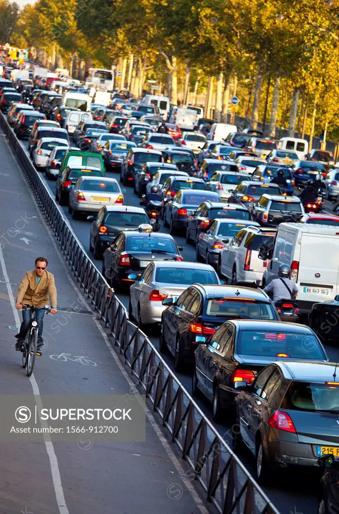 Chaotic traffic in the downtown streets of the city of Paris, France, Europe