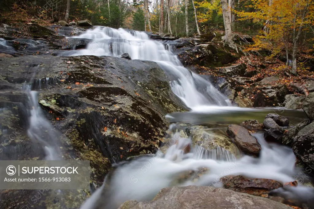 Stark Falls which are located along Stark Falls Brook in Woodstock, New Hampshire USA during the autumn months