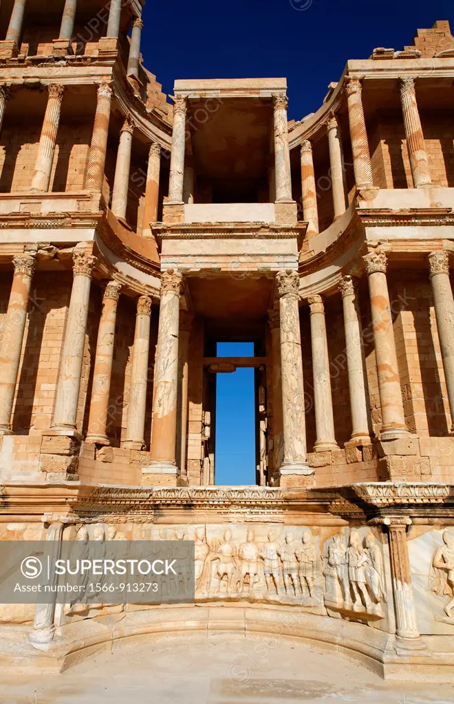 Relief sculptures at the front of the stage at the Roman theatre in Sabratha, Libya