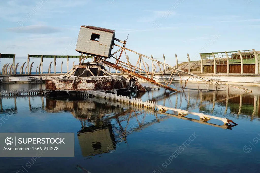 Settling tank at derelict Steetley Magnesite works at Hartlepool on the north east coast of England, United Kingdom