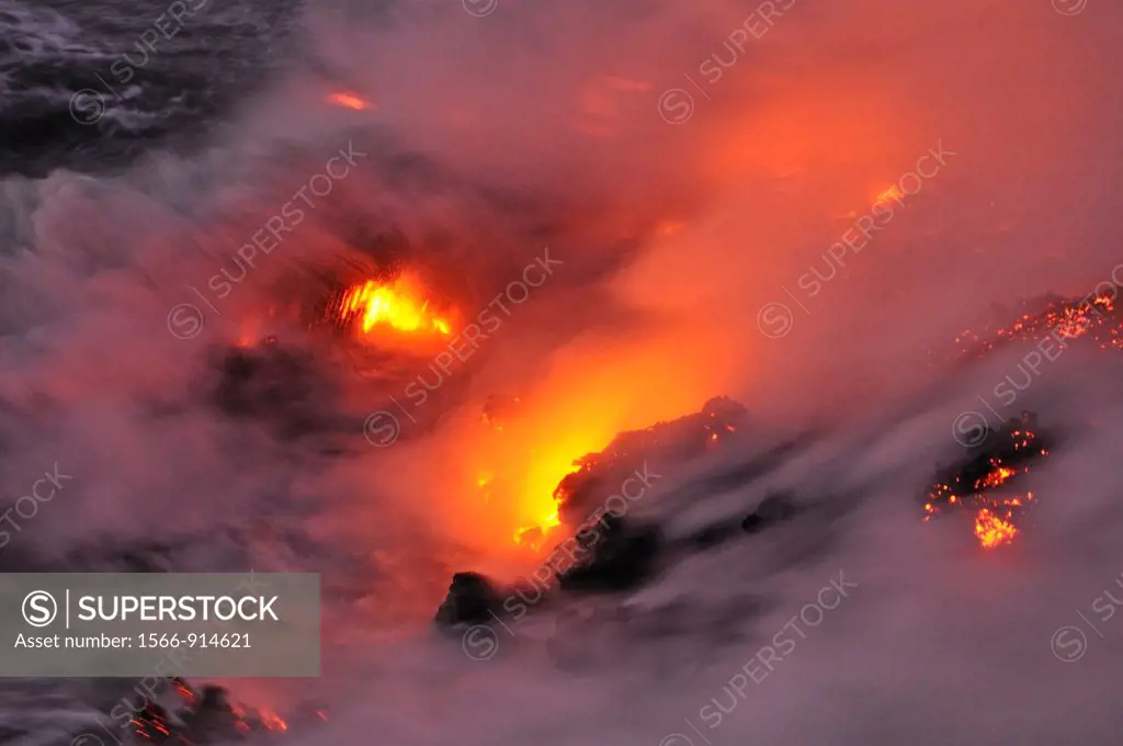 Steam rising off lava flowing into ocean, Kilauea Volcano, Big Island, Hawaii Islands, USA