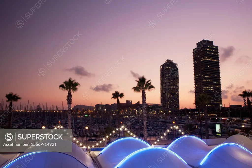 Mapfre tower and Hotel Arts in the Olympic harbour, Barcelona, Spain