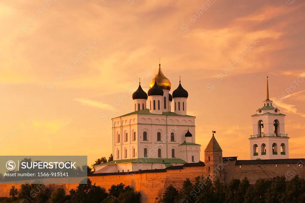 Russia, Pskovskaya Oblast, Pskov, elevated view of Pskov Kremlin from the Velikaya River, sunset