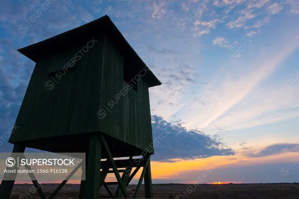 Observation tower and sunset, island Pag in Croatia