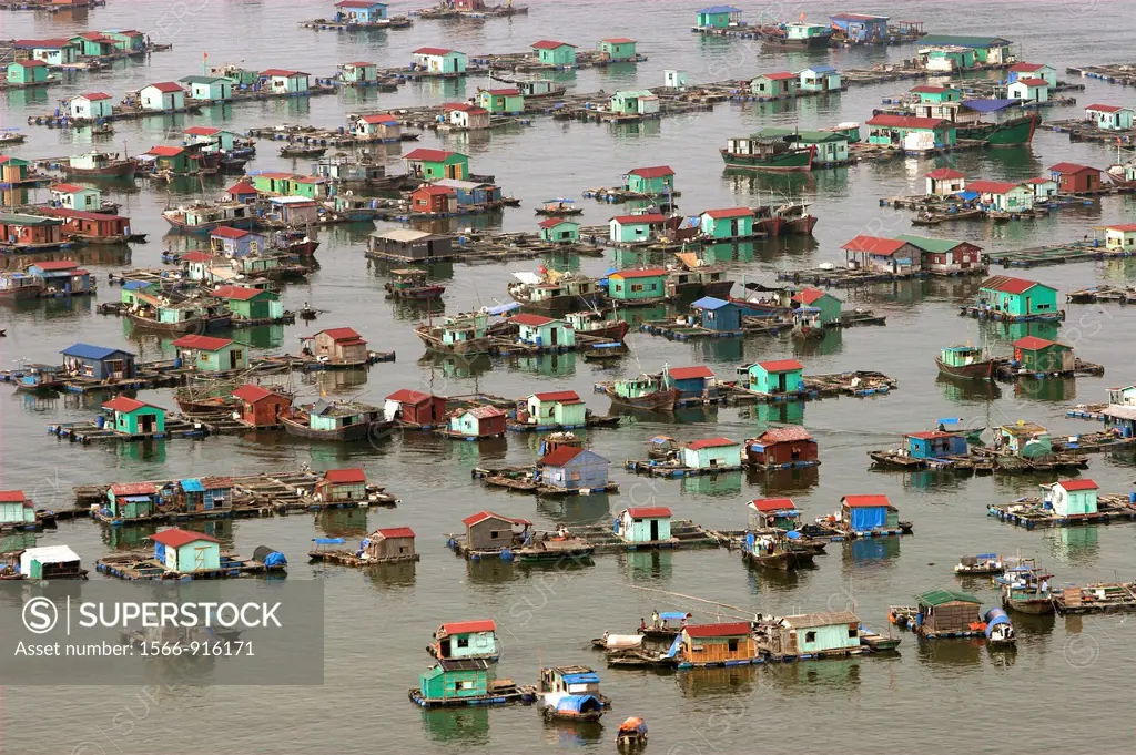 Floating fishing village Cat Ba Town bay north east Vietnam