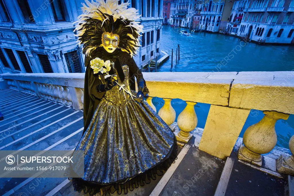 A masked woman on the Rialto Bridge at the carnival in Venice, Italy, Europe