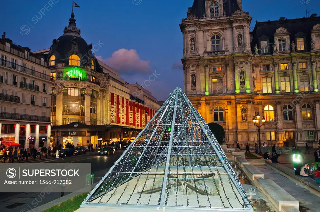Paris, France, Town Square, Scenic, Decor in Front of City Hall Building, at Dusk, with LED Lighting Christmas Decorations