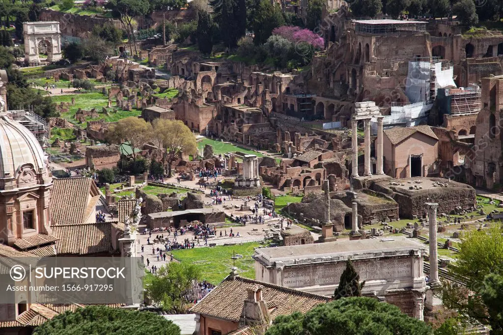Roman Forum and Basilica Emilia seen from the Altar of the Fatherland, Rome, Lazio, Italy, Europe