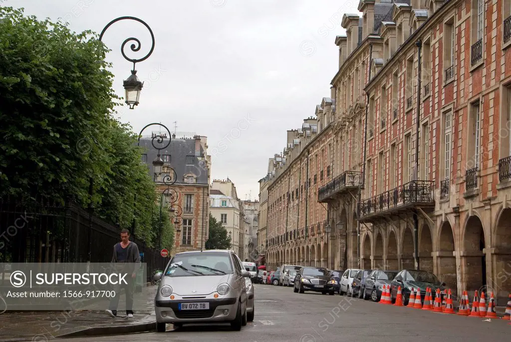 Street adjacent to the Place des Vosges, the oldest square in Paris, located at the Marais in the third and fourth arrondissements, France
