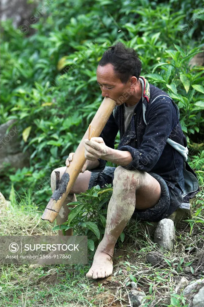 Mud splattered farmer takes break from ploughing rice terraces to smoke traditional pipe near Sapa Vietnam