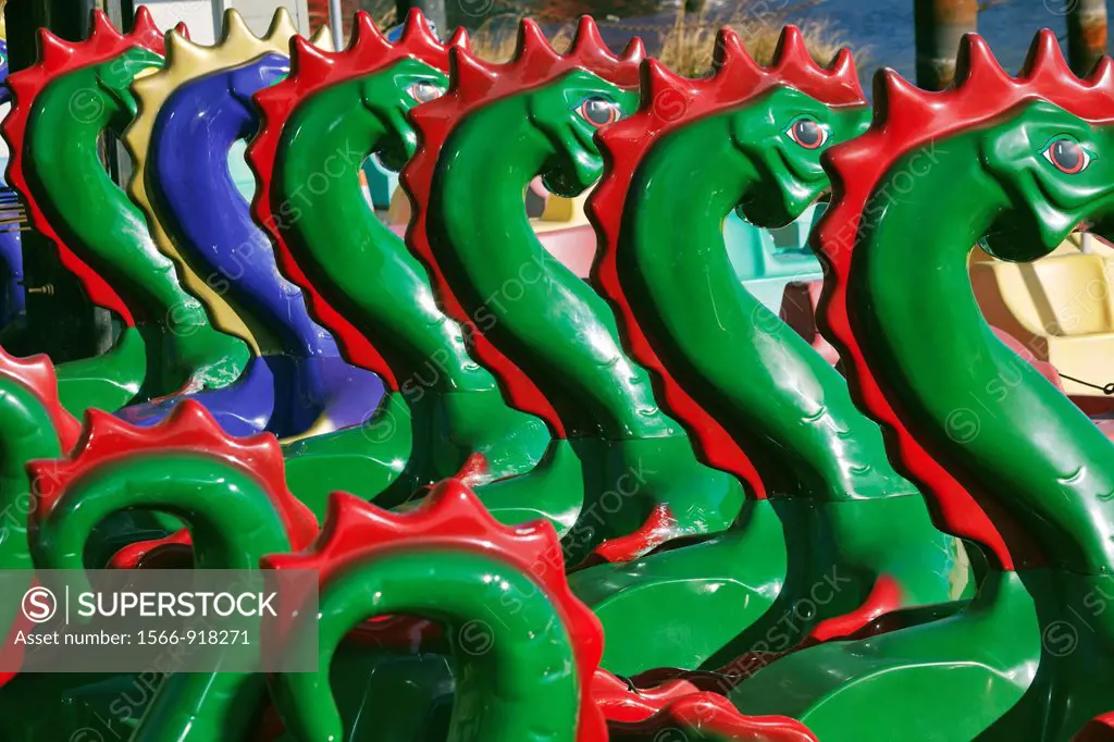 A closeup of sea serpent peddle boats moored at the Inner Harbor, Baltimore, Maryland