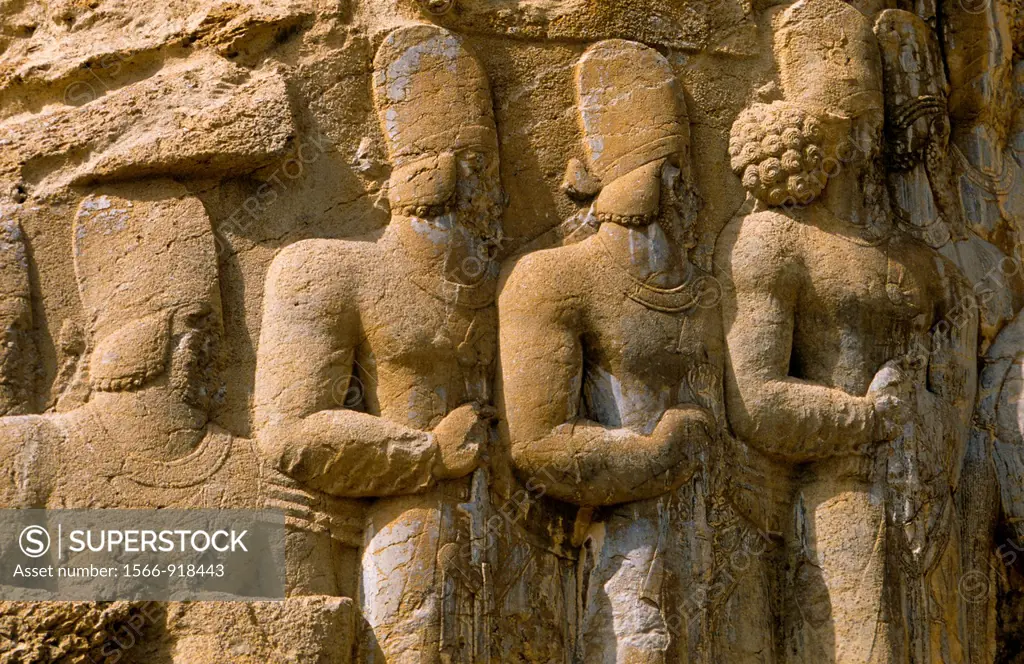 Relief in historic tomb of King Darius, Dareios II , Achaehenid burial site Naqsh-e Rostam, Rustam near Persepolis  Iran