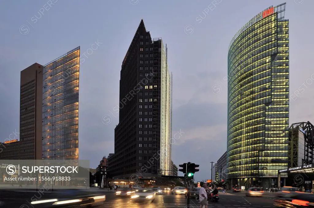 Potsdamer Platz with Bahn Tower, Kollhoff-Tower and debis-House by Renzo Piano left, Berlin, Germany