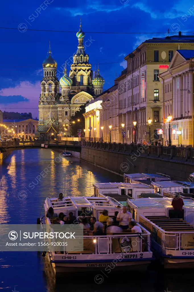 Russia, Saint Petersburg, Center, Church of the Saviour of Spilled Blood on Griboedov Canal, exterior, evening