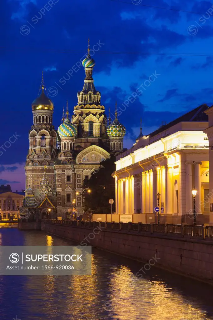 Russia, Saint Petersburg, Center, Church of the Saviour of Spilled Blood on Griboedov Canal, exterior, evening