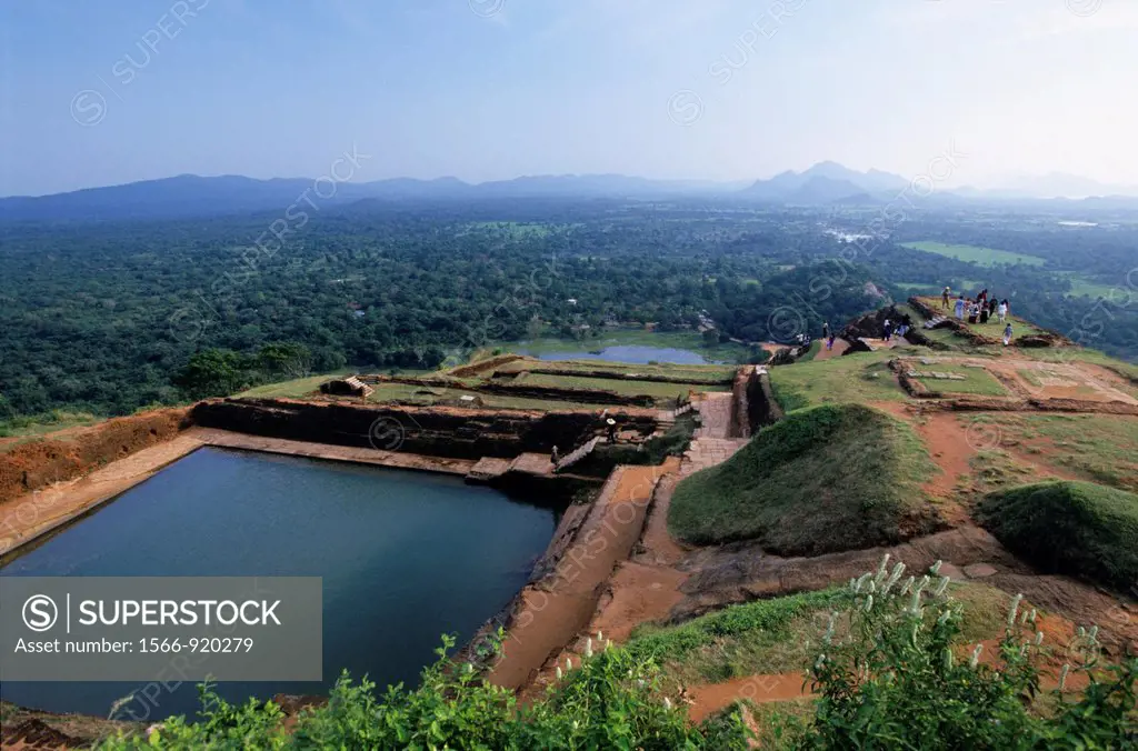 Summit view of old royal palace vestiges with king´s swimming pool, Sigiriya Lion´s rock fortress, Sri Lanka