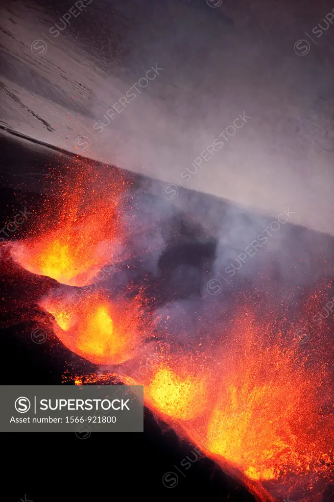 Lava fountains-Volcano eruption at Fimmvorduhals, a ridge between Eyjafjallajokull glacier, and Myrdalsjokull, Iceland 2010