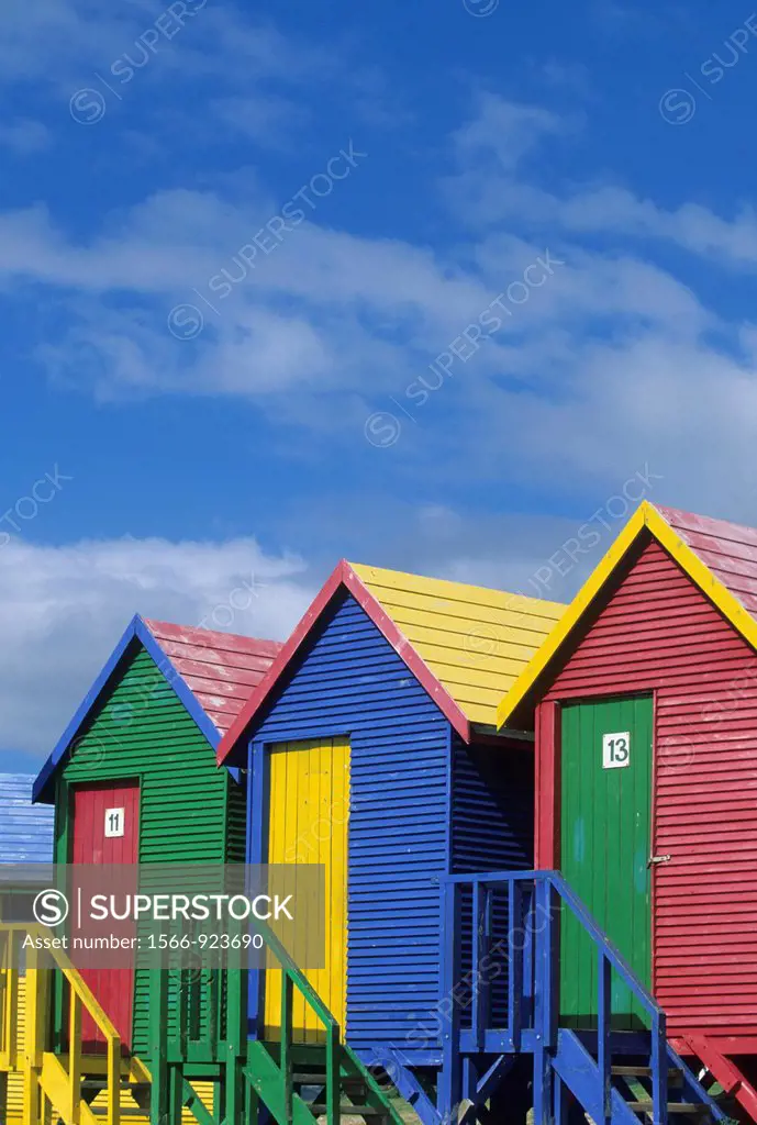 Multi-colored dressing rooms on the beach at Surfers Corner,Muizenberg,South Africa